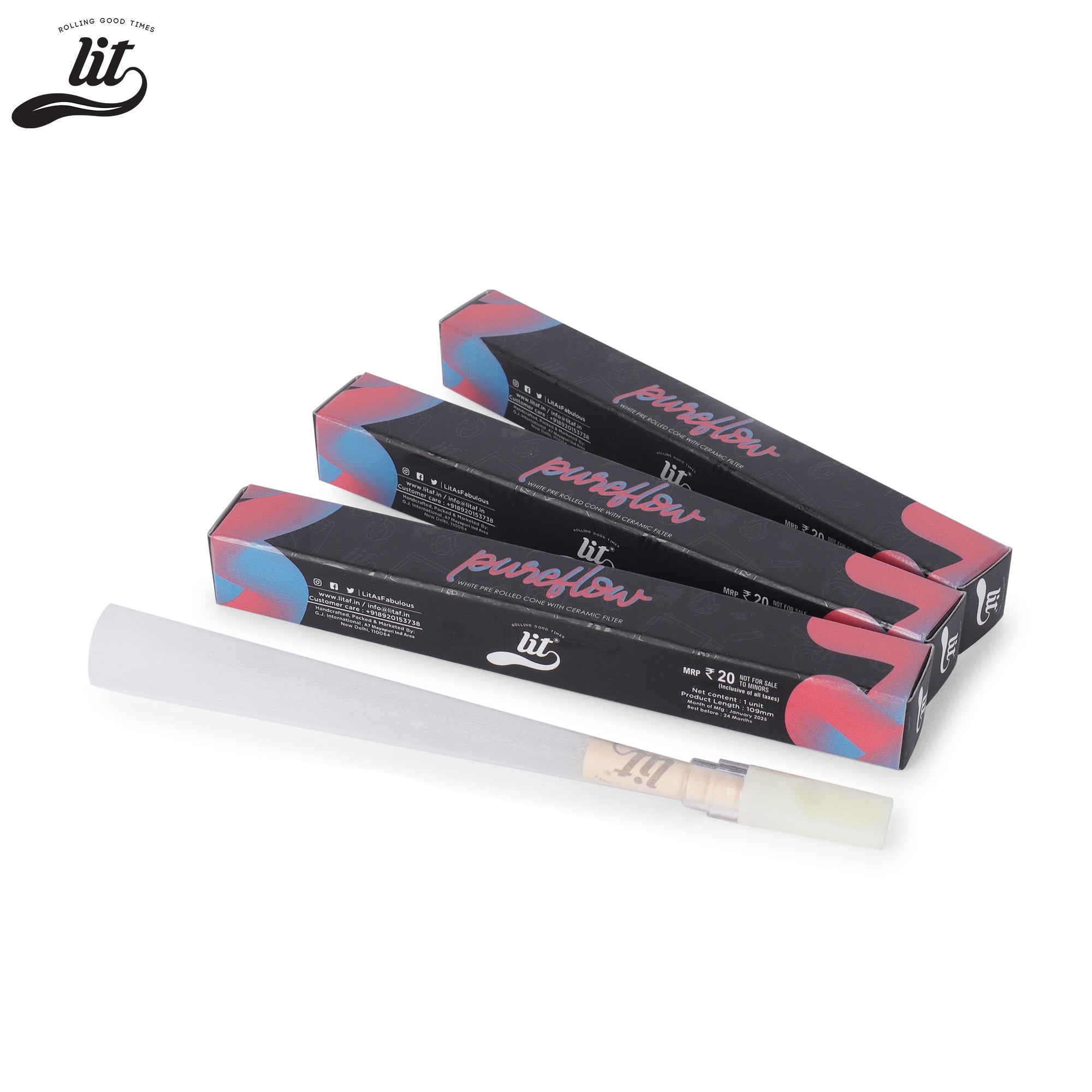 LIT PureFlow pre-rolled cones pack with double filter and ceramic tip